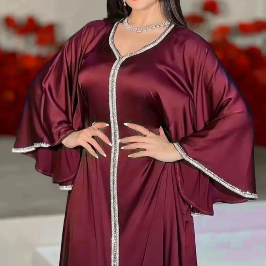 Abaya For Women Muslin Turkey Dubai V-neck Women Robe Hot Diamond Women's Abaya Robe Loose Morocco Caftan Kaftan Women Clothing