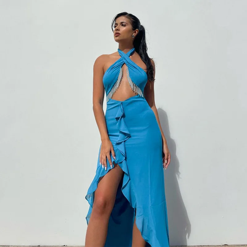 

Sexy Backless Ruffled Hem Dress Women Halter Party Dress Summer 2022