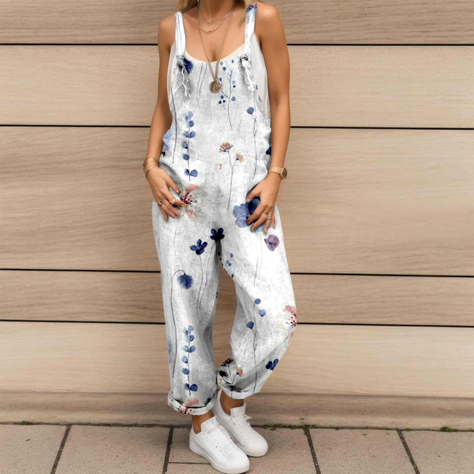 

Woman Knot Suspender Jumpsuits Floral Full Print Loose Bib Straight Leg Pants Vintage Baggy Overalls Trousers Pockets Playsuit
