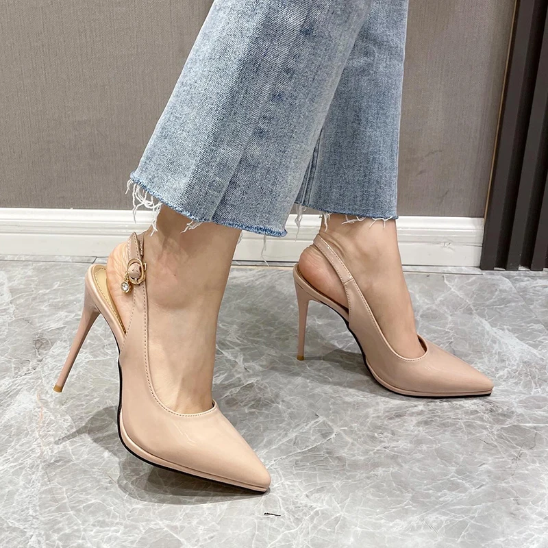 

2023 Summer Pointy Patent Leather Solid Women's Sandals Buckle Thin High Heels Elegant Dress Shoes Women's Pumps Simple Stiletto