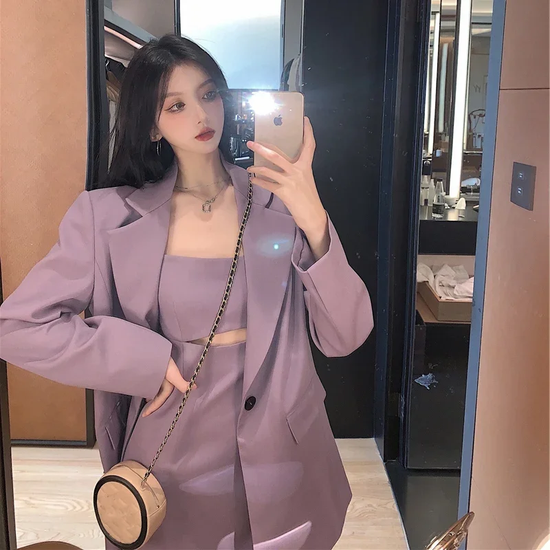 Уличный костюм в стиле интернет-знаменитостей Модный Фиолетовый жакет большого