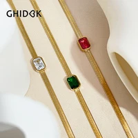 ghidbk statement red green transparent rectangle cubic zirconia necklace women gold color stainless steel snake chian jewelry
