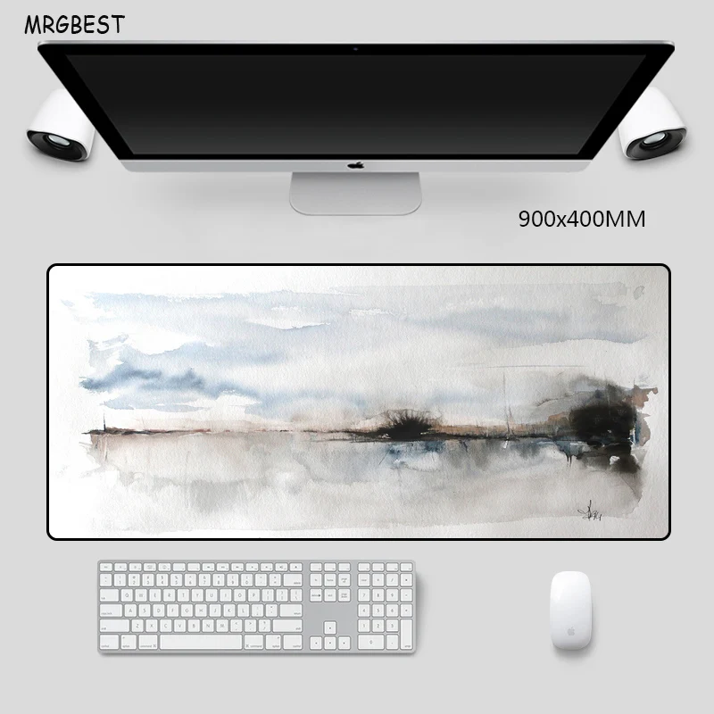 

MRGBES Mouse Pad Large Sky Lake Cold Chinese Ink Painting Art Water with Locked Edge Nature Softy Rubber Mats for For Dota LOL