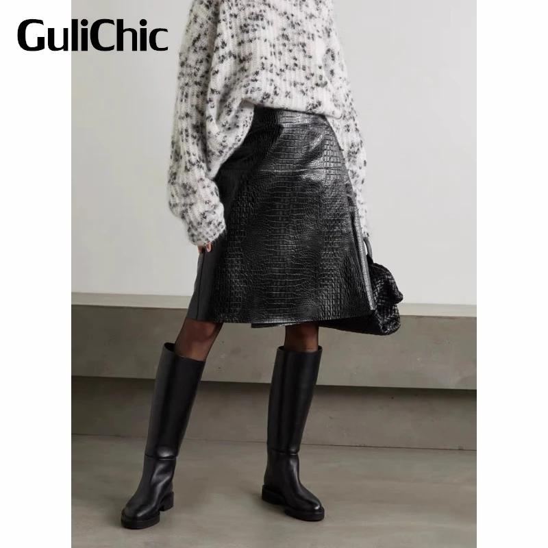 

7.27 GuliChic Women Fashion Elegant High Waist Genuine Leather Wrapped Skirt