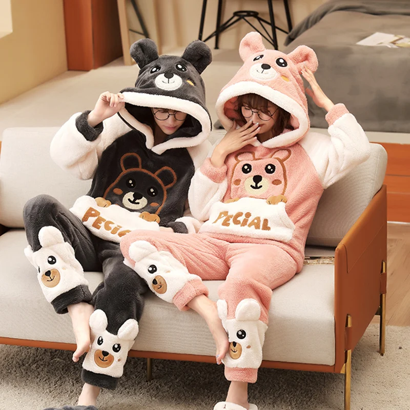 Anime Couple Pajamas Set Women Men Cartoon Bear Hoodies Korean Pyjamas Winter Thicken Warm Sleepwear Lovers Homewear