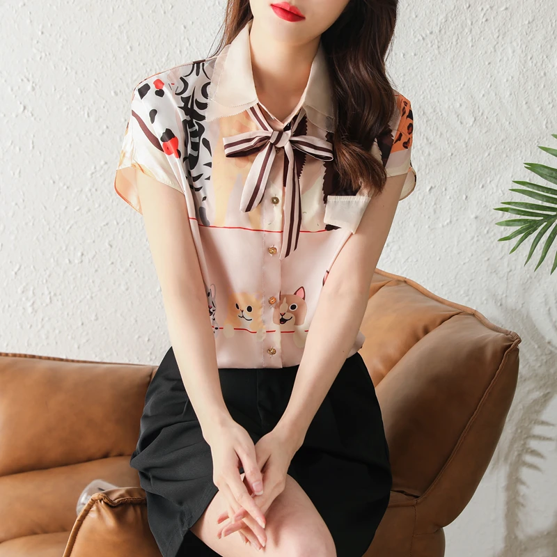 

Summer Blouse Short Sleeve Top Korean Fashion Bow Tie Polo Shirt Poplin Leisure Splicing Loose Houthion