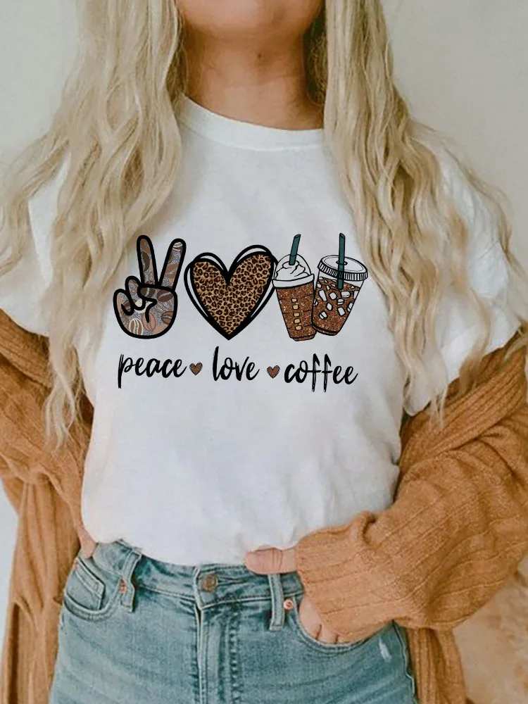 Summer New 90 ’s Leopard Peace Love Coffee Print Tshirt Short Sleeve Women's T-Shirt Harajuku Graphic Woman Tee Top,Drop Ship
