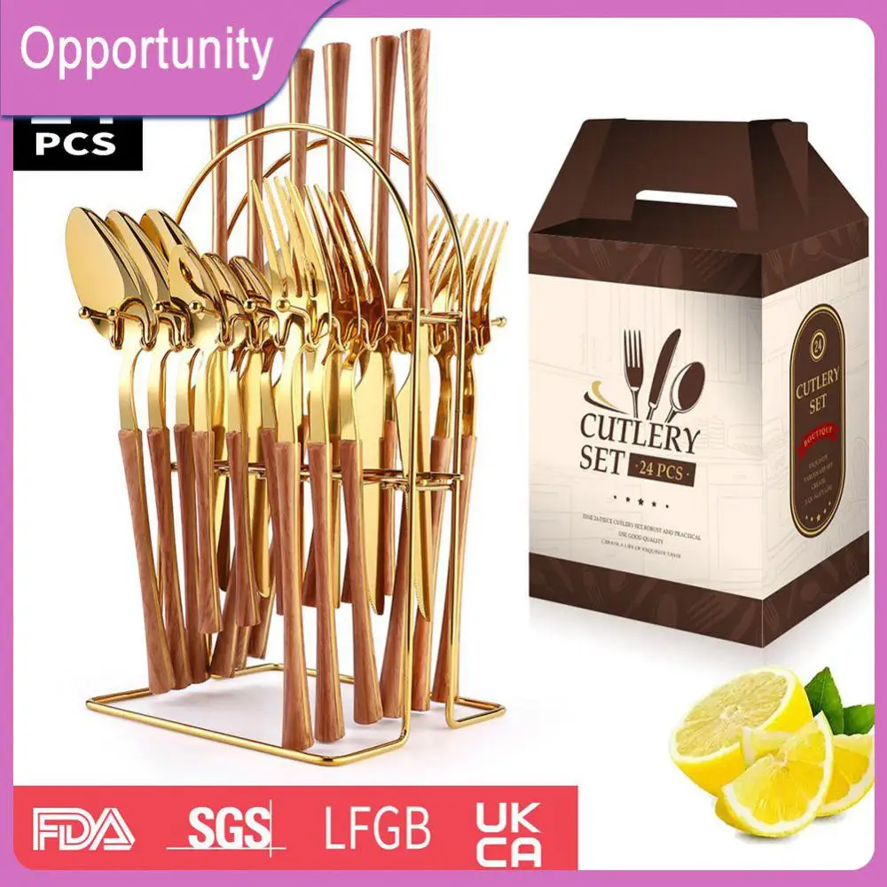 

Western Dinner Set 24pcs Spoon Fork Knife Complete Home Flatware Cutlery Gift Stainless Steel Flatware with Tableware Rack