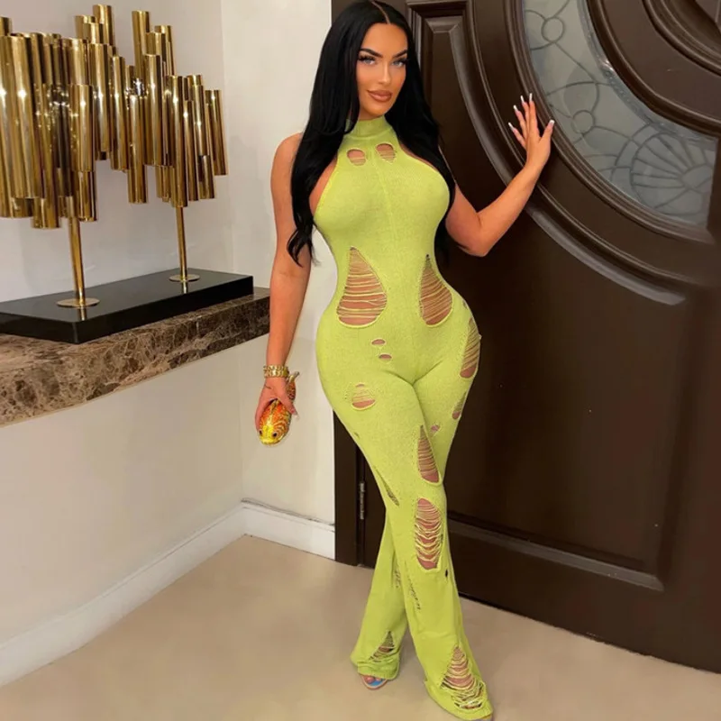 Sleeveless Knitted Hole Long Romper Women Sexy Halter Backless Streetwear Jumpsuits Ladies Stretch Summer Overalls