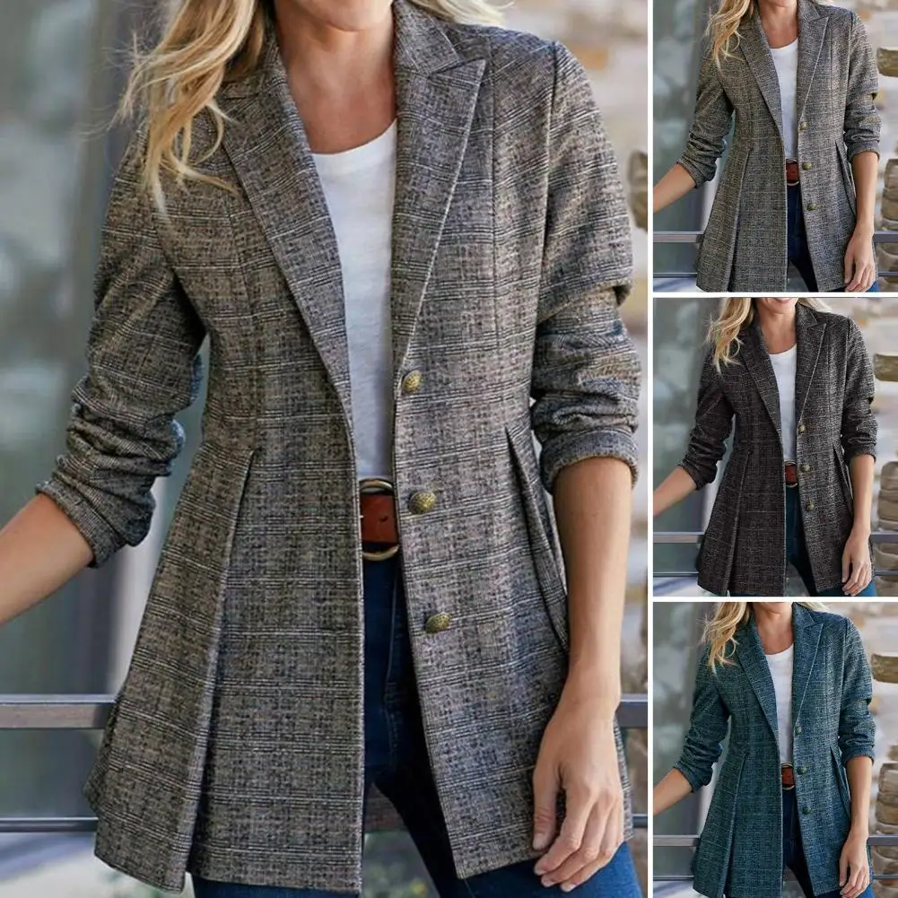 

Vintage Plaid Women Autumn Blazer Single-breasted Lapel Cardigan Pleated Warm Formal Business Winter Houndstooth Office Coat