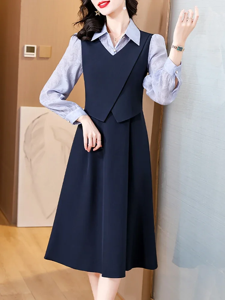 

2023 модное лоскутное платье миди с имитацией двух частей синее облегающее женское платье-поло с воротником осень-зима корейский стиль элегантное женское платье