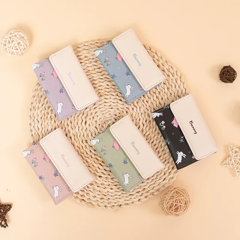 

Short Women's Wallet PU Buckle Multifunctional Coin Purse Student Bunny Print Simple Card Bag Daily Matching Storage Bag