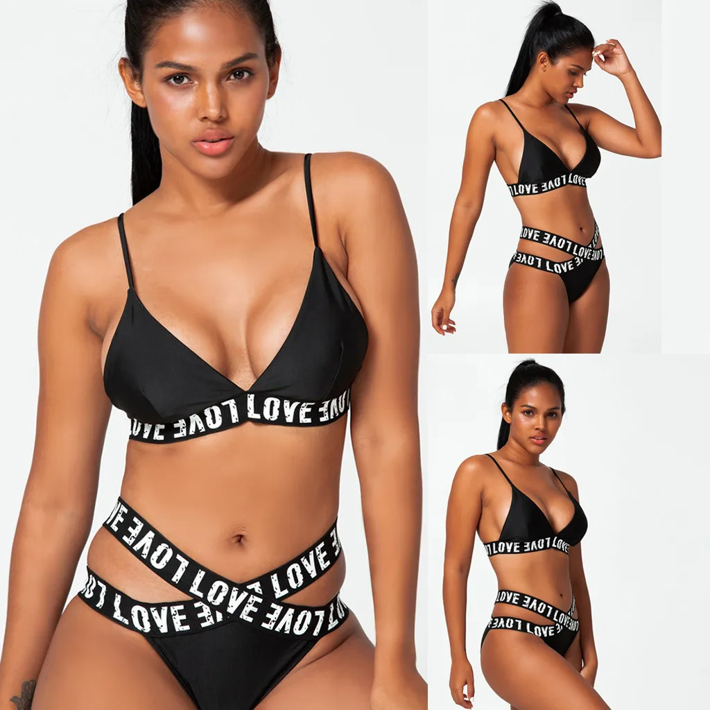 

Купальный костюм женский из двух предметов, пикантное бикини с высоким вырезом и надписью, комплект для плавания для мальчиков, размеры 14-16