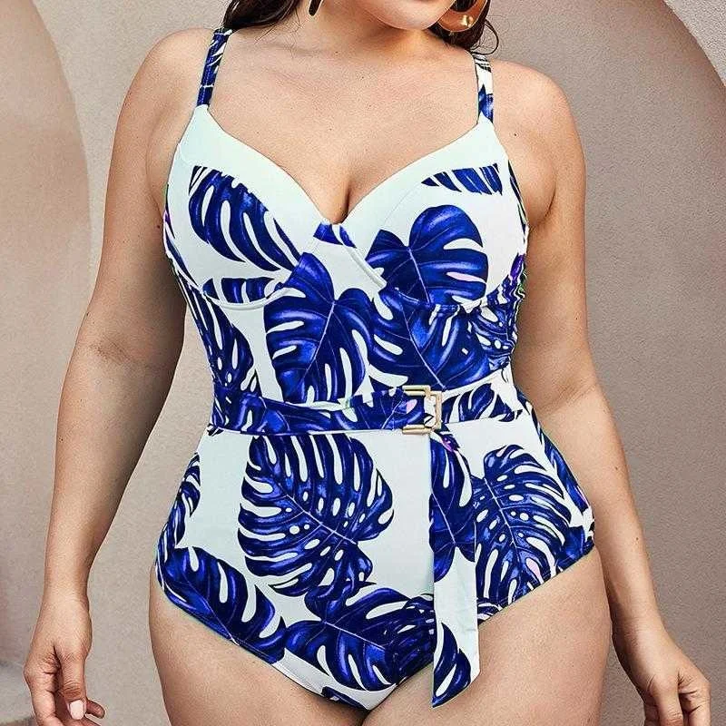 

Plus Size One Piece Bikini Leaf Printed Suyao Lace Up Fashion Small Fresh Swimsuit