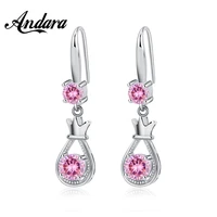 925 sterling silver earrings cute crown droplets sweet pink zircon earrings for women wedding jewelry gift party