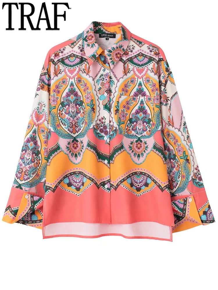 Блузка женская с длинным рукавом и принтом на пуговицах |