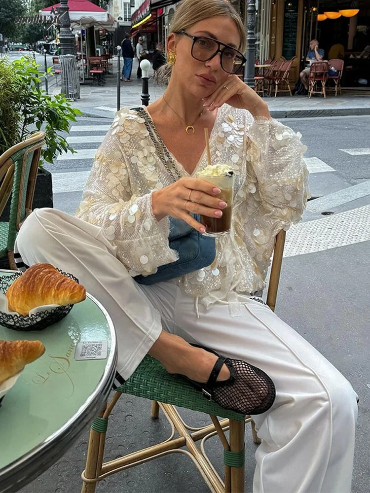 Женское кимоно с блестками Элегантная стильная куртка V-образным вырезом и