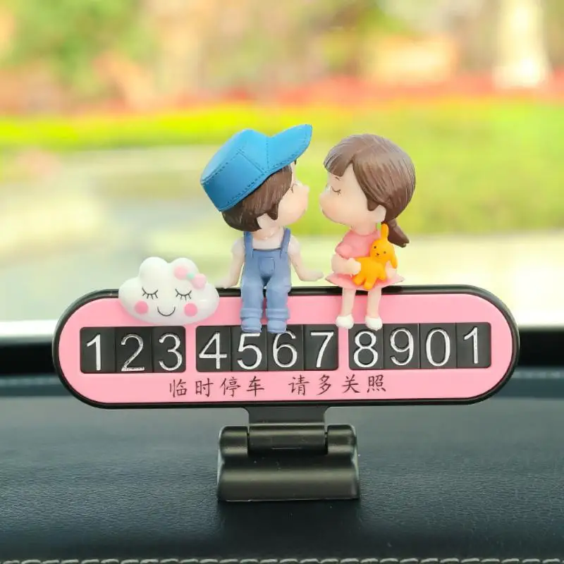 

Car Temporary Parking Number Plate Decoration Cute Cartoon Couples Action Figures Ornaments Auto Car Accessoires Stop Sign