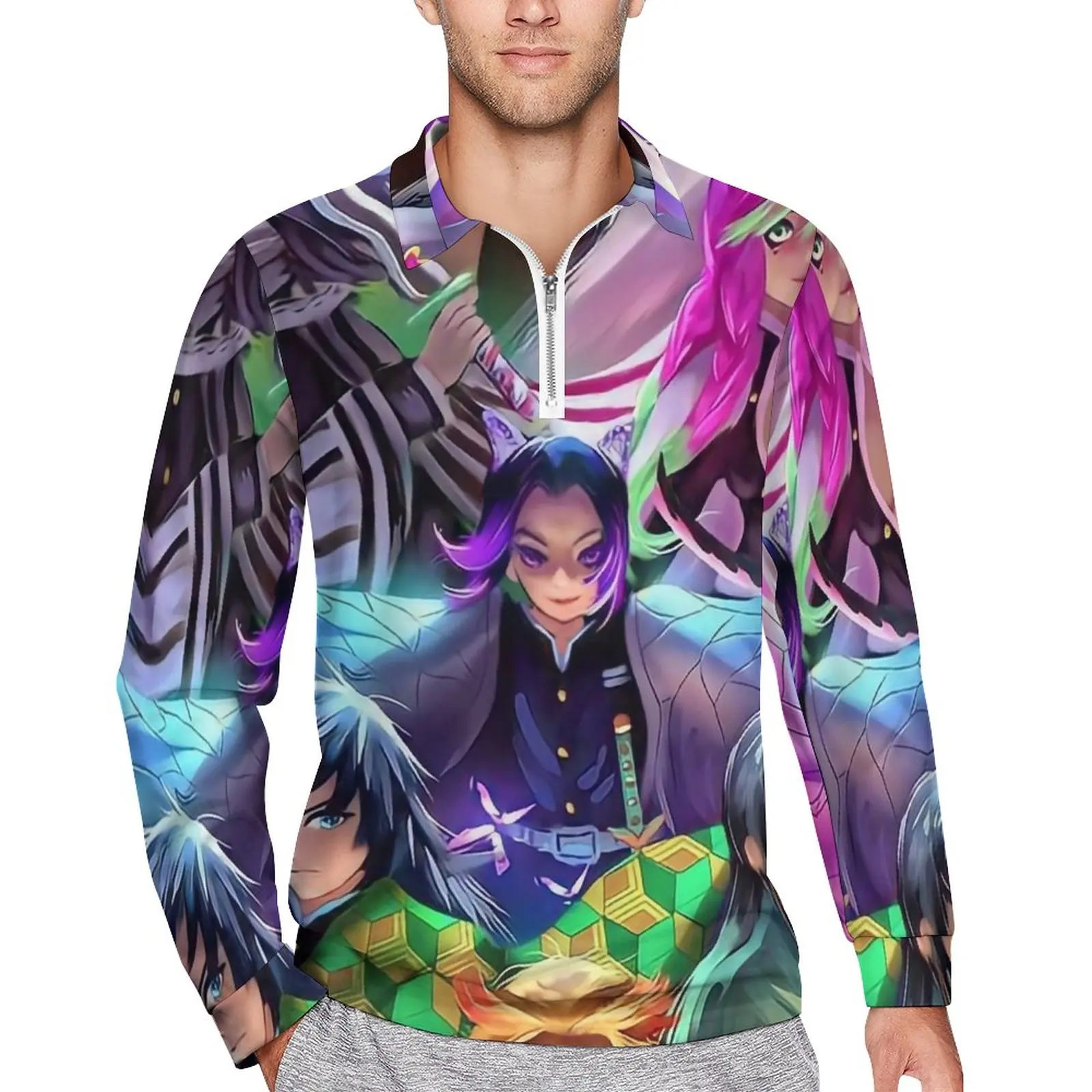 

Demon Slayer Print Casual T-Shirts Men Funny Anime Long Sleeve Polo Shirt Collar Retro Autumn Graphic Shirt Plus Size