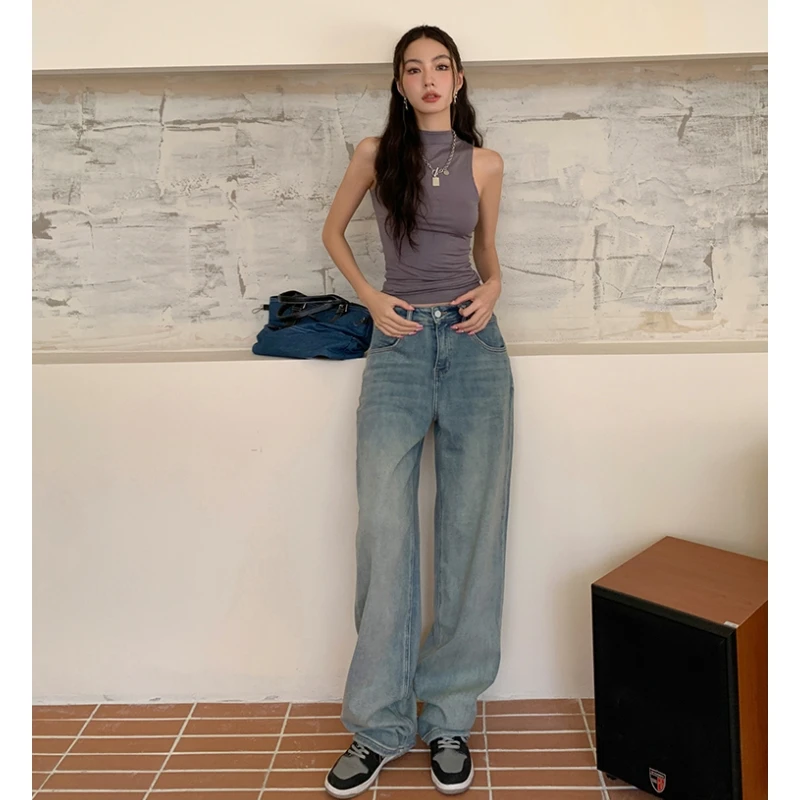 

Vintage Blue High Waist Women Jeans American Fashion Oversize Streetwear Wide Leg Jean Female Trouser Baggy Straight Denim Pants