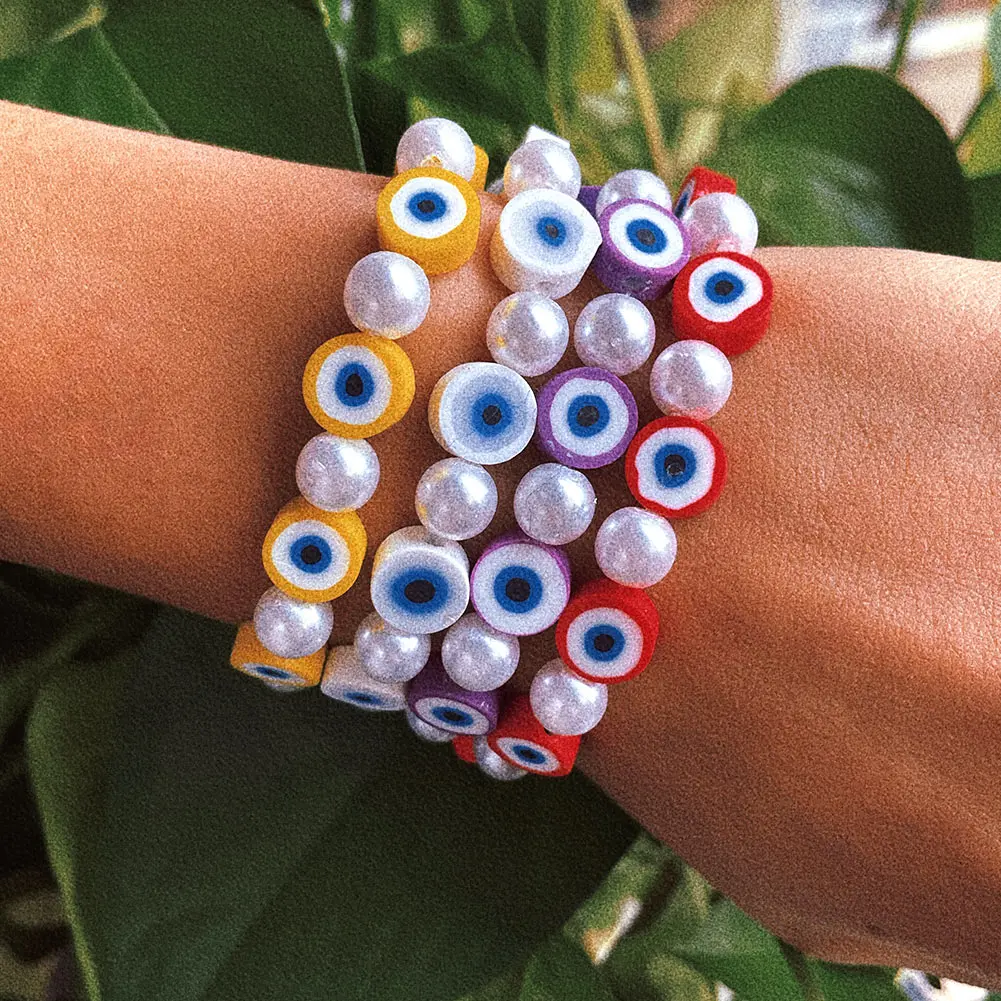 

JUST FEEL Turkish Lucky Evil Eye Pearl Beaded Bracelets For Women Colorful Polymer Clay Eye Beads Chain Bracelet Trendy Jewelry