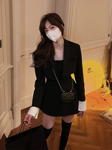 Зимний черный комплект из двух предметов, женский пиджак и платье на бретельках, Женский Повседневный Модный облегающий элегантный костюм в Корейском стиле, новинка 2022
