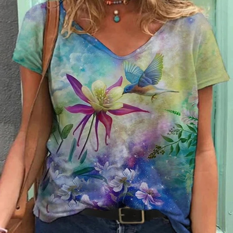 

Casual Short Sleeve Floar Printed Women T-shirt Summer Harajuku Female Loose V Neck Tee Shirt Size 5xl Fashion Streetwear Tops