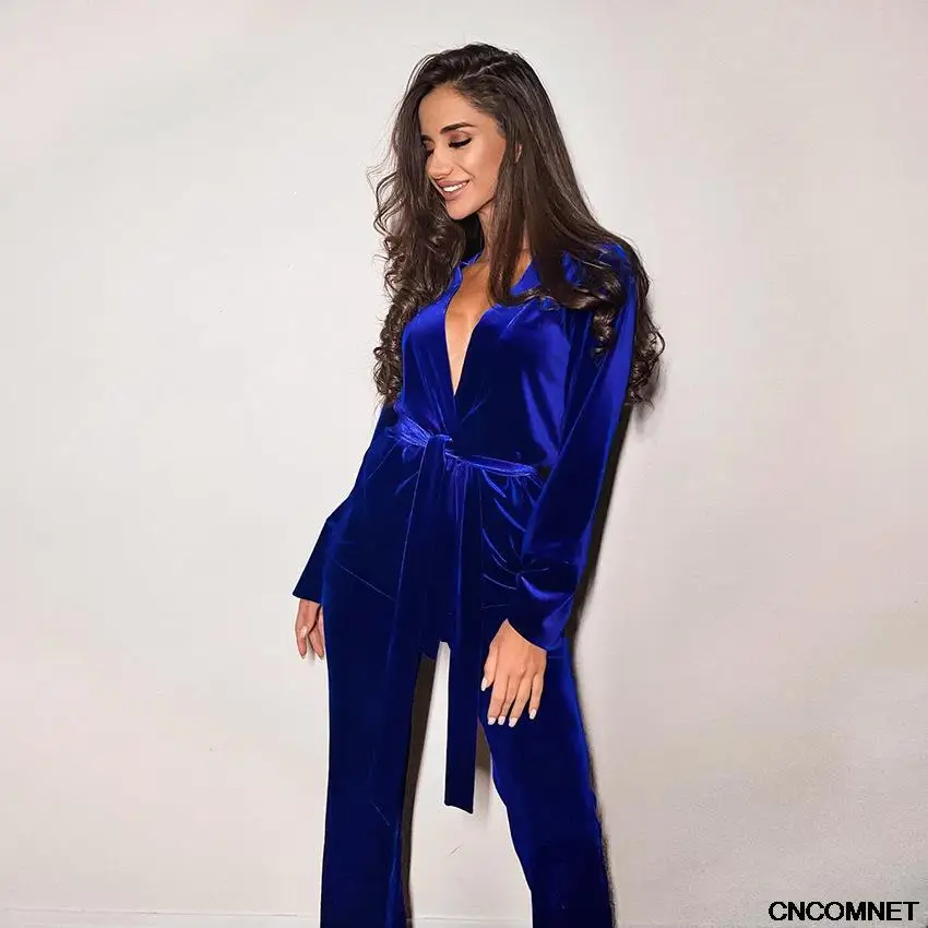 

Women Spring New Retro Soft Simple Velvet Texture Casual Trousers Sets Female V-neck Lace-up Solid Color Slim Gold Velvet Suits