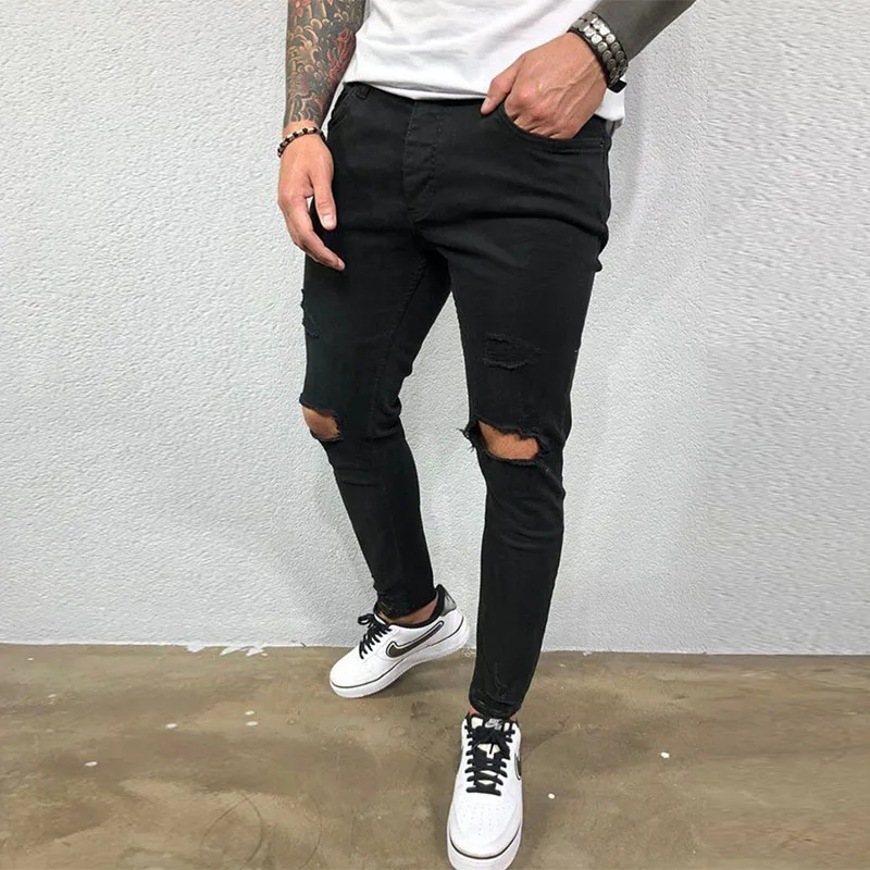 Fall Fashion Jeans Knee-Length Ripped Skinny Stretch Denim Trousers Solid Color Black Blue Summer Hip Hop Casual Men's Clothing
