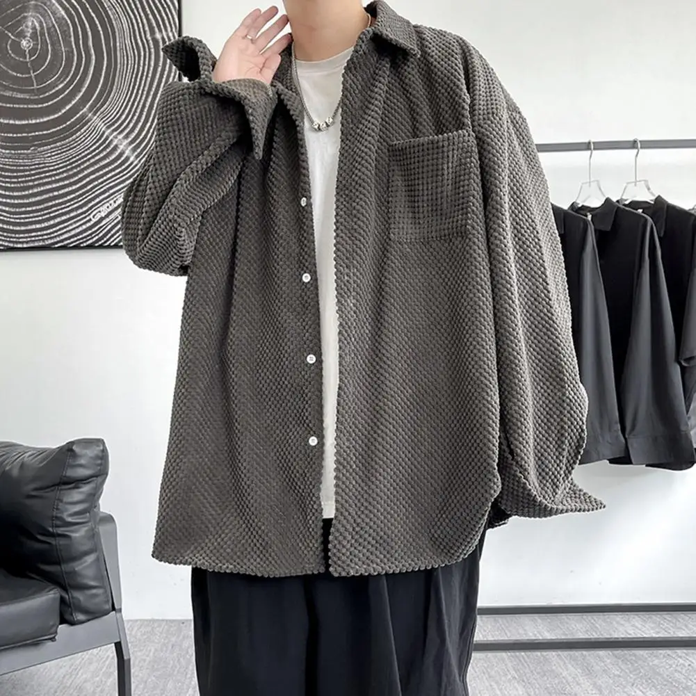

Streetwear Handsome Turn-down Collar Spring Shirt Soft Men Spring Coat Solid Color for Daily Wear