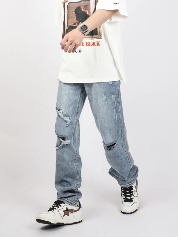 Men's Loose Jeans Straight Leg Pants with Ripped Holes and Washed Vintage Streetwear Korean Style Casual Clothes Denim Trousers