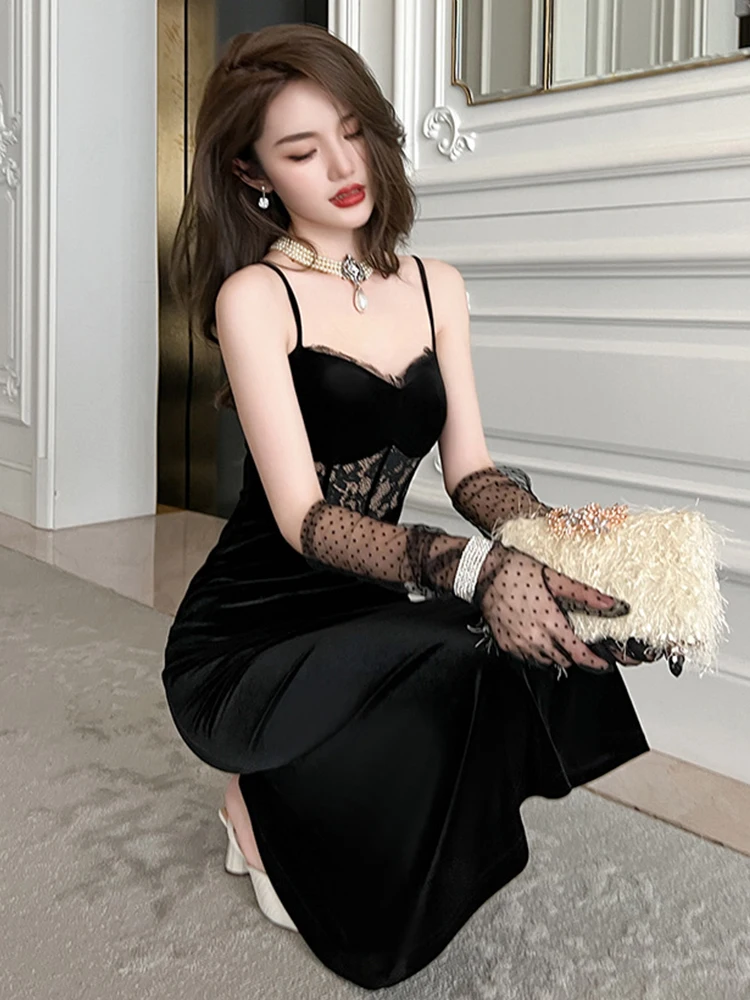 Женское длинное платье в стиле ретро сексуальное бархатное на бретельках с