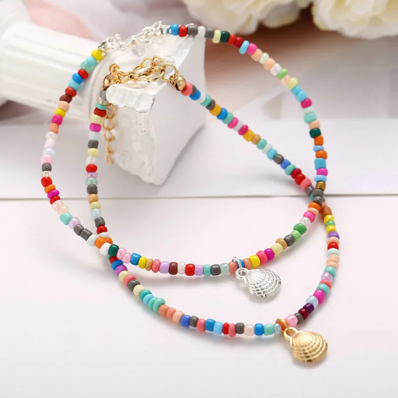 

Fashion Retro Women Colorful Beaded Alloy Scallop Pendant Ankle Bracelets Summer Beach Foot Jewelry Anklets