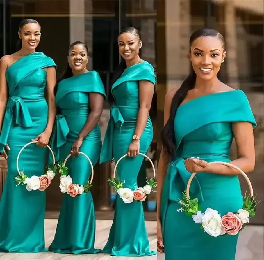 

Зеленое атласное платье подружки невесты с юбкой-годе для свадьбы в Западном африканском стиле Элегантное Длинное плиссированное платье на одно плечо с талией для выпускного вечера