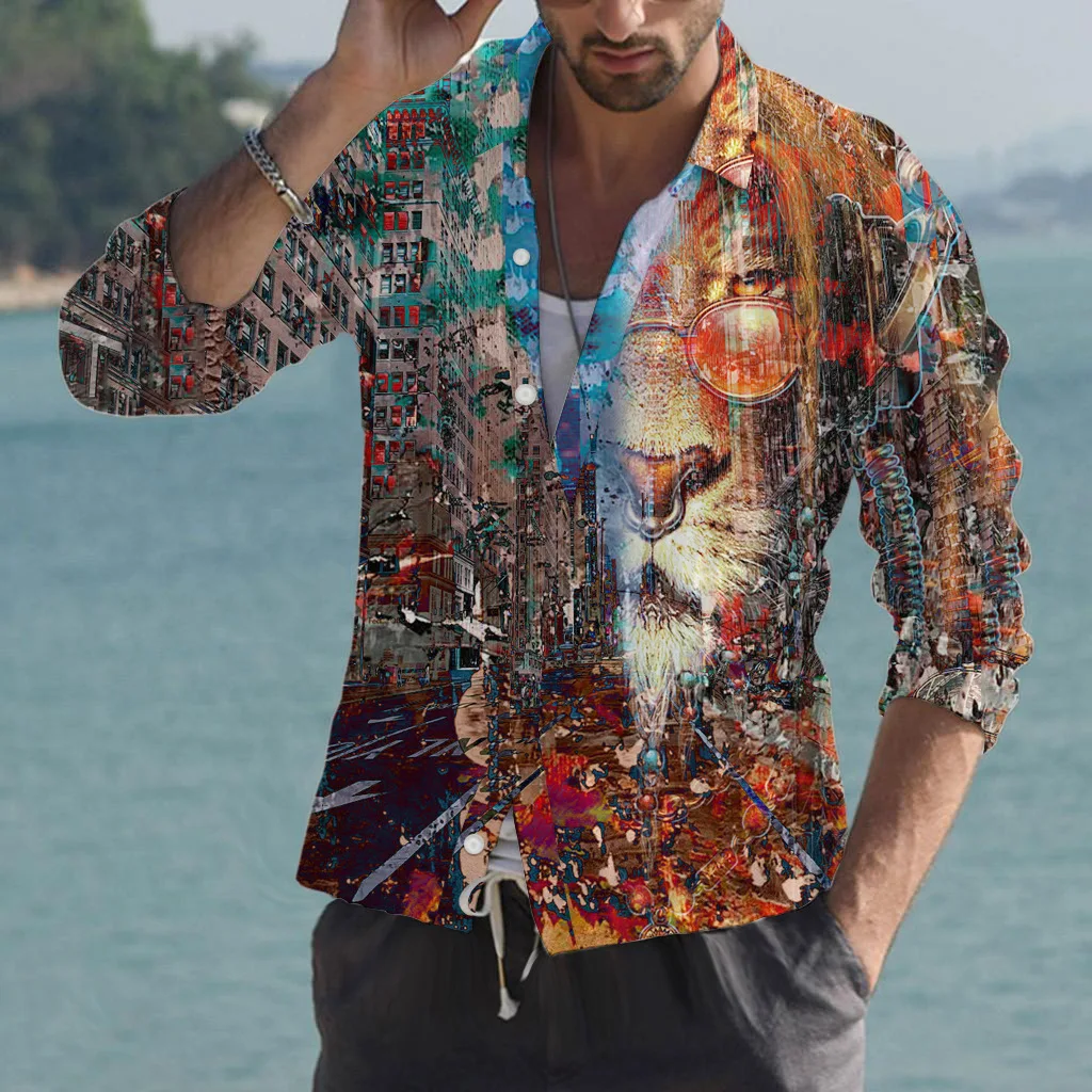 

Рубашка мужская с длинным рукавом, модная уличная футболка в стиле хип-хоп, крутая с 3D принтом льва, на пуговицах, гавайская уличная одежда, лето 2023