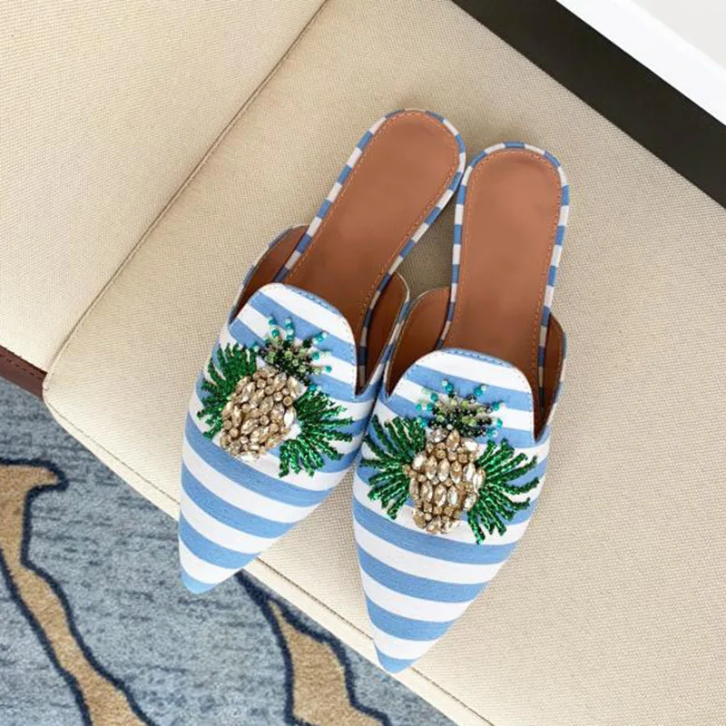 Personalized Pointed Toe Design Women's Slippers 2022 Spring And Summer Beaded Straw Cord Hand Sewn Upper Flat Muller |