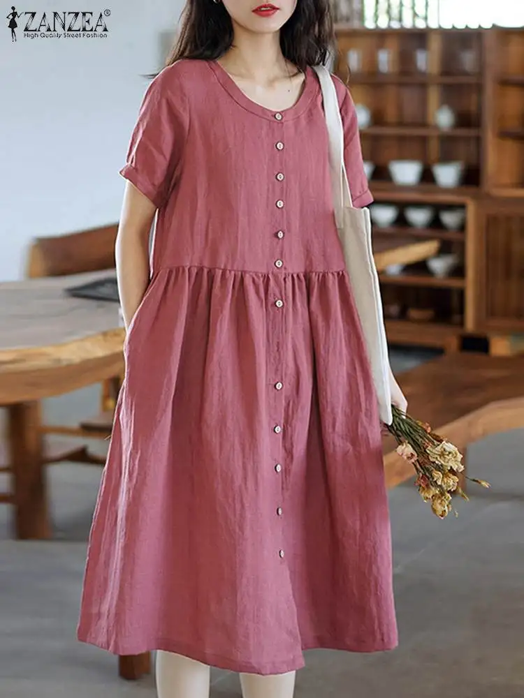 

ZANZEA Women Oversized Cotton Baggy Vestidos Short Sleeve Dresses Vintage Retro Knee Lenngth Sundress Summer Solid Casual Robes