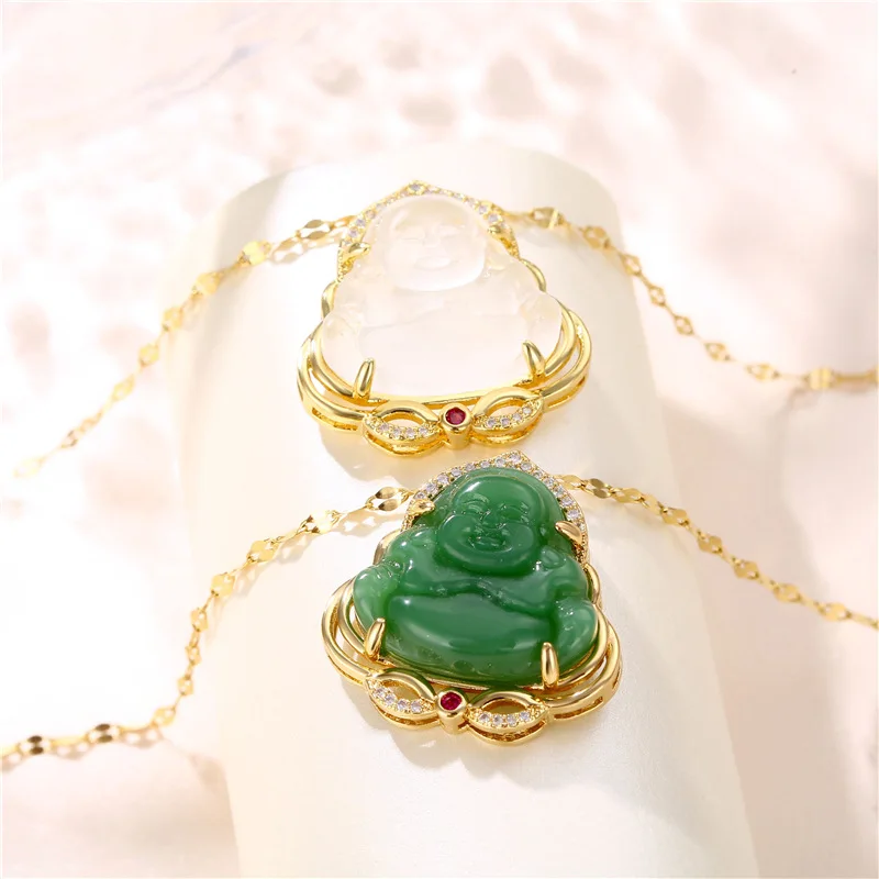 

Chinese Traditional Style Mythological Figure Buddhist Maitreya Buddha Imitation Jade Pendant Necklace Jewelry