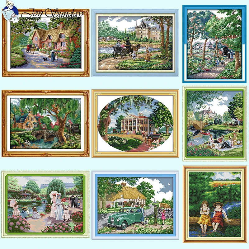

Countryside Scenery Series Cross Stitch Sewing Kit Aida 14ct 11ct 16ct White Printed Fabric Set DIY Hand Embroidery Crafts Gifts