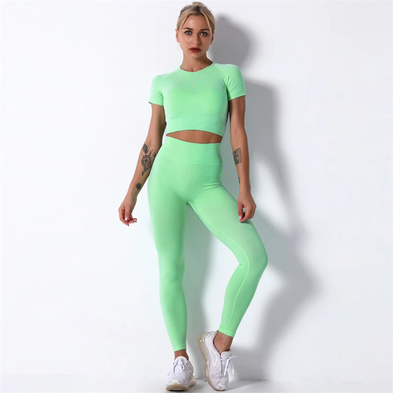 

2 PCS Set Seamless Yoga Set Women Workout Gym Clothes Fitness Short Sleeve Crop Top Shirt High Waist Leggings Pants Sports Suits