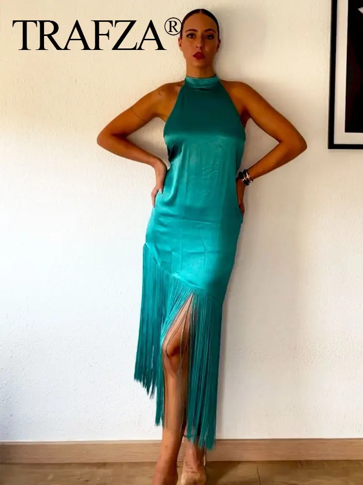

TRAFZA Female Elegant Dresses Solid O-Neck Button Sleeveless Asymmetrical Tassel Decorate Summer Slim Dresses Women 2023 Trendy