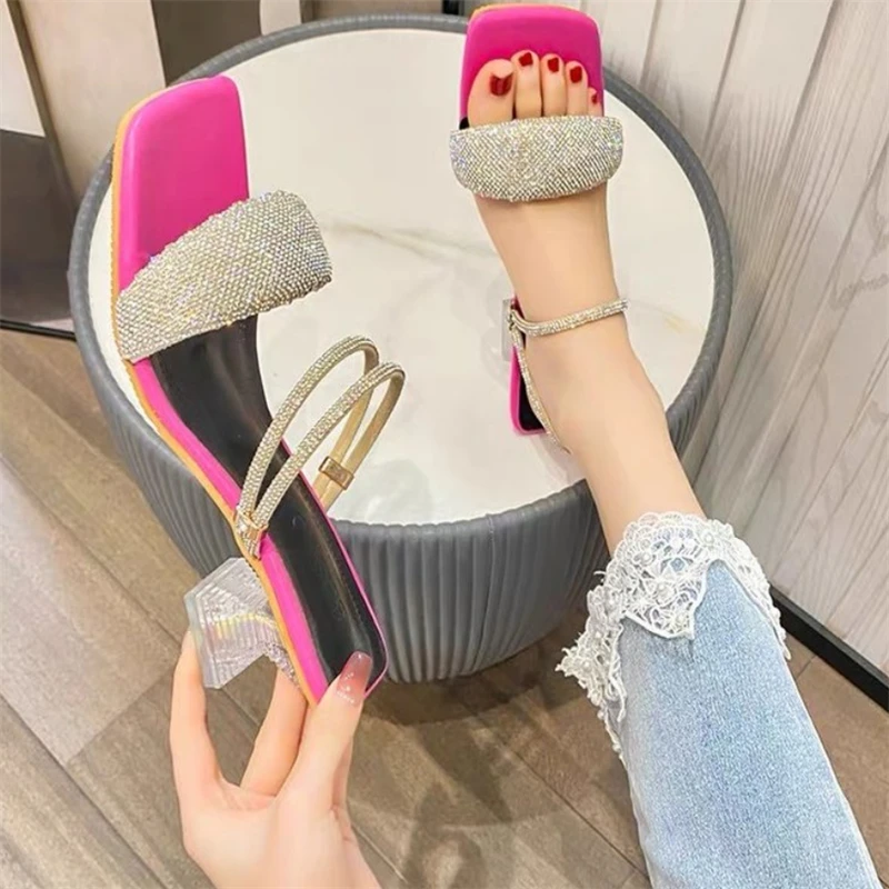 

Luxury Crystal Ladies High Heels Chunky Sandals Summer New Slippers Sexy Party Fashion Transparent Pumps Dress Women Shoes 2022