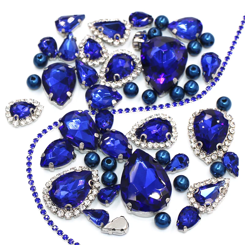 

Royal Blue Mixed Size Drop Shape Crystal Rhinestones+Pearl +Cup Chain For Wedding Dress Jewelry Making 50pcs/Bag
