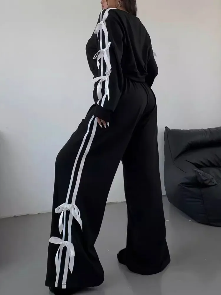 Женский комплект из 2 предметов черный пуловер с длинным рукавом и штаны