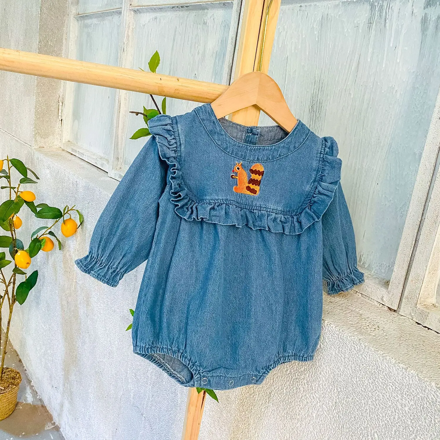 RiniLucia Spring Baby Clothes Set Girl Denim Romper Jumpsuit Newborn Clothing Girls Outfit Infant Long Sleeve Squirrel Overall