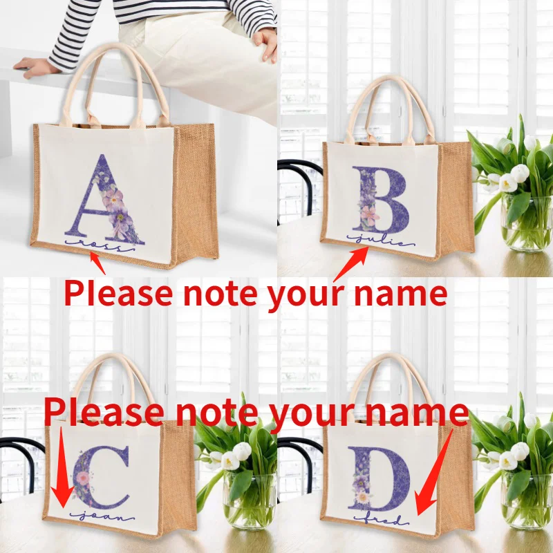 

Customize Burlap Tote Bag Purple Letter Print Women Jute Beach Shopping Grocery Bag with Handle Large Capacity Travel Handbag