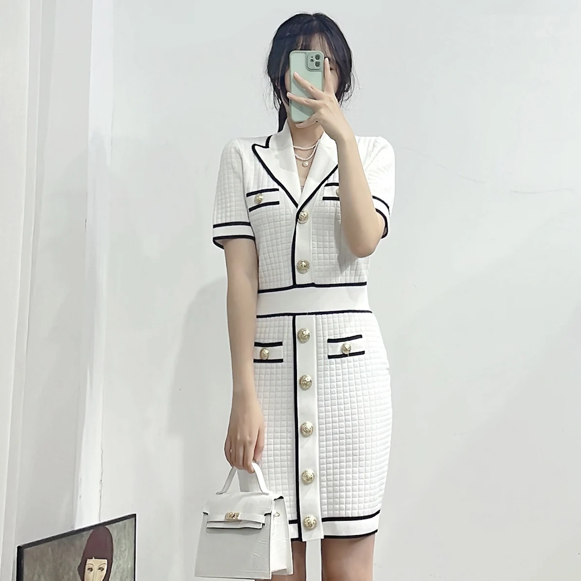 

Aristocratic little sweet atmosphere quality package hip knitting dress suit lapel metal buttons cultivate one's morality new su