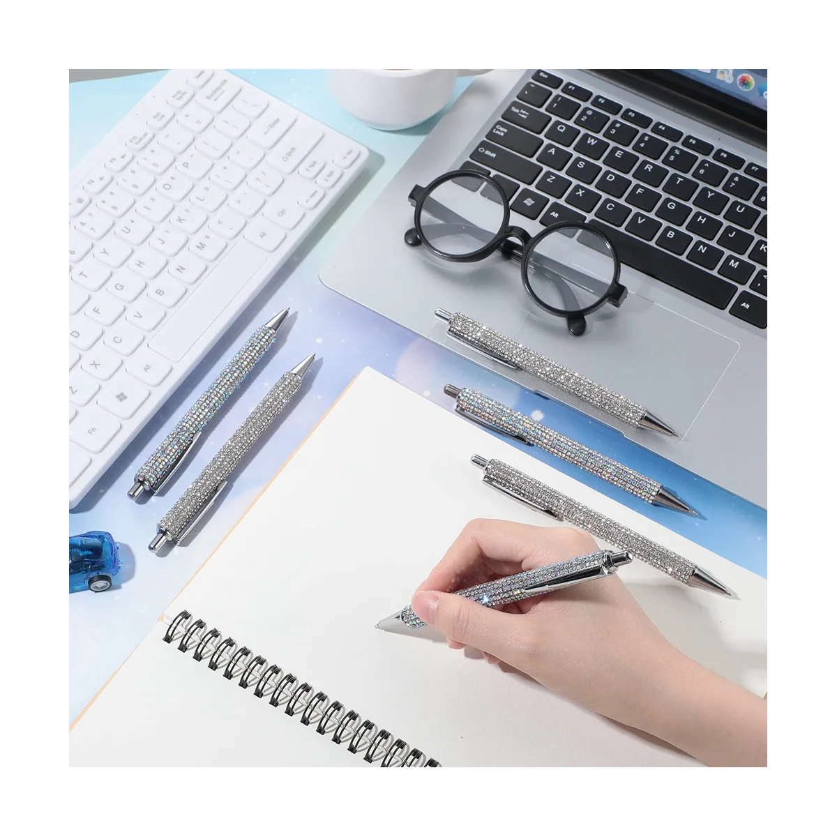 

6 Pcs Cute Pen Bling Diamond Pens Christmas Rhinestones Gift Silver Metal Ballpoint Pens Fancy Sparkly Crystal Pens A