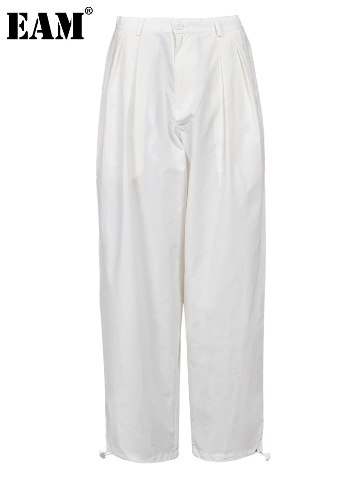 

[EAM] High Waist White Pleated Drawstring Wide Casual Pants New Loose Fit Trousers Women Fashion Tide Spring Autumn 2023 1DF9793