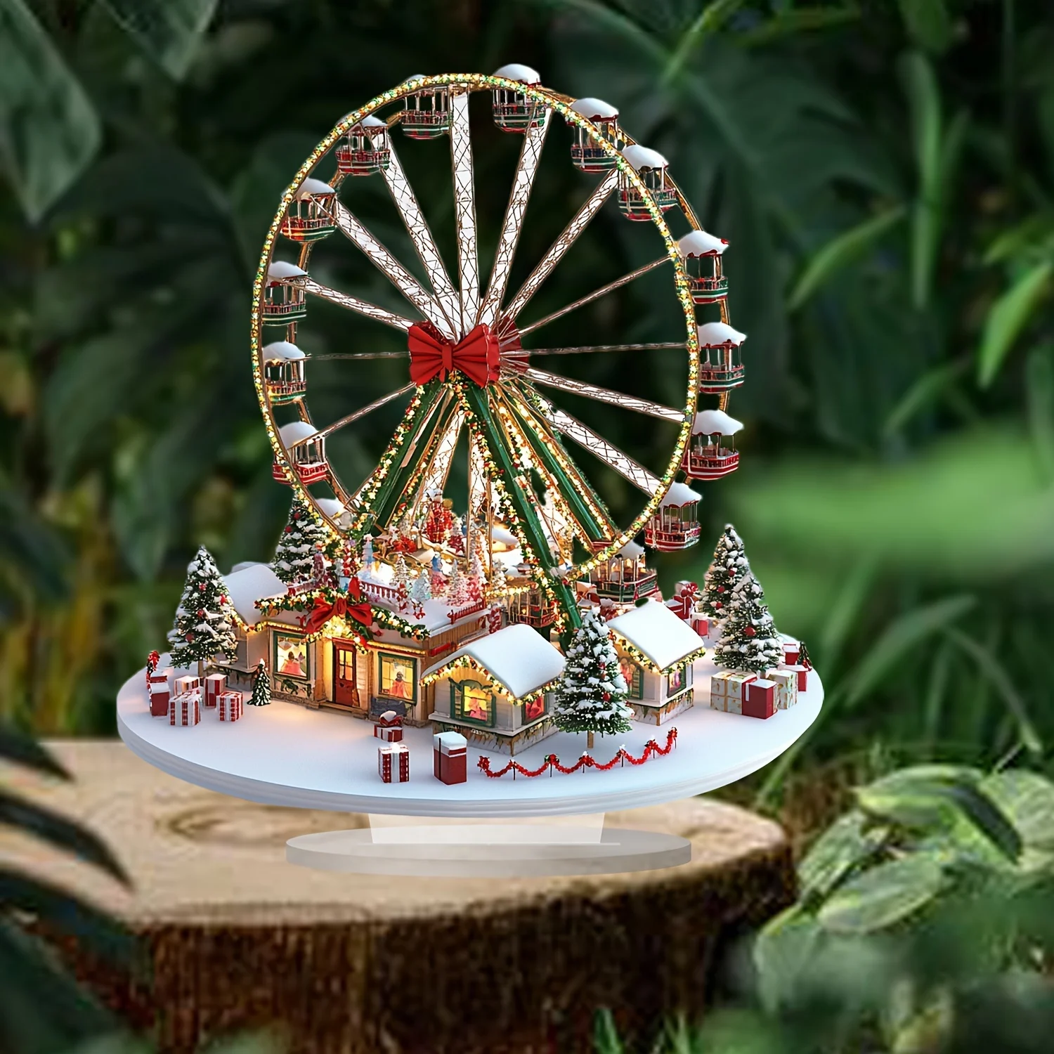 1 Bohemian Style Acrylic Christmas Village Ferris Wheel Multifunctional Desktop Display Snow House Scene 2D High-Definition